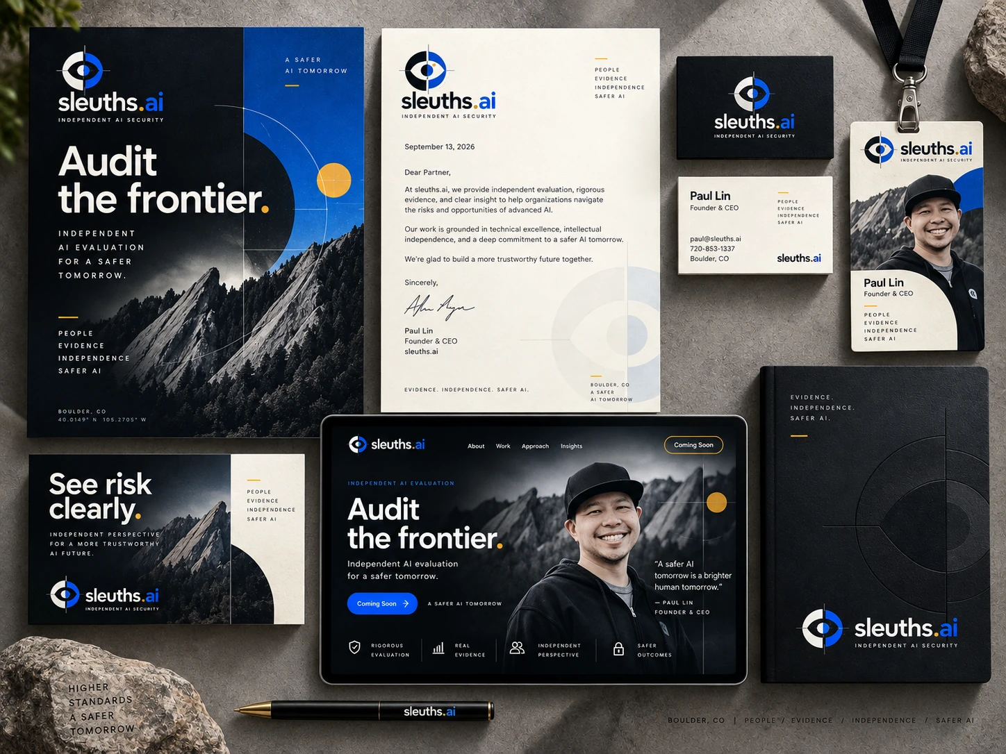 sleuths.ai brand composition with Audit the frontier messaging, mountain imagery, Paul Lin portraits, and black, ivory, blue and gold stationery.